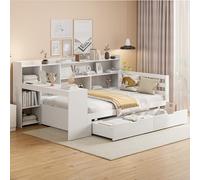 boorbin Sofá cama de madera maciza, 90 x 200 cm, con estantería de escritorio, estantes y estantes, con enchufe, con 2 estantes grandes, cama de madera multifuncional (blanco-1, 90 x 200 cm)