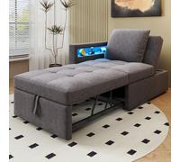 boorbin Sofá cama tapizado 3 en 1 multifunción, sofá cama de lino con respaldo ajustable, el reposabrazos dispone de barras de luz LED y conectores USB/tipo C (gris oscuro)