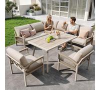 boorbin Sofá de jardín en forma de L para 8 personas/estructura de hierro con cojines beige/Incluye 1 mesa con tablero de vidrio de imitación de madera y 2 sillones trenzados a mano/resistente a la