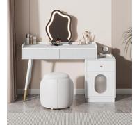 boorbin Tocador con espejo LED e iluminación - Juego de tocador blanco para dormitorio con tres cajones espaciosos y una puerta, 100 x 75 x 40 cm (sin taburete)