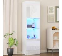 boorbin Vitrina blanca brillante con iluminación LED, 1 estante de cristal, 45 x 35 x 160 cm, vitrinas, vitrinas de pie, armarios altos, armarios de almacenamiento