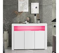 boorbin Vitrina blanca brillante con luces LED, moderna unidad de almacenamiento de madera de 3 puertas con mando a distancia para cocina, salón, comedor, pasillo (130 x 35 x 95 cm)