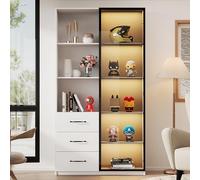 boorbin Vitrina LED, estantería con puerta de cristal templado e iluminación LED, 3 cajones y 3 compartimentos abiertos, marco de aluminio, LED multicolor, bisagras de cierre suave (80 x 40 x 160 cm)