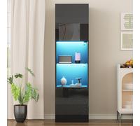 boorbin Vitrina negra brillante con iluminación LED, 1 estante de cristal, 45 x 35 x 160 cm, vitrina independiente, armario alto, armario de almacenamiento