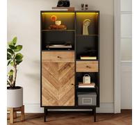 boorbin Vitrina, vitrina con tira LED de 12 colores, armario de cocina con cajones y estantes de cristal, grano de madera triangular (color madera+negro, 80 x 40 x 150,5 cm)