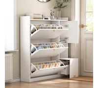 boorbin Zapatero basculante versátil con 3 cajones plegables, organizador de entrada de almacenamiento con cajón, zapatero independiente con banco plegable para el pasillo, blanco, 119 x 24 x 122 cm