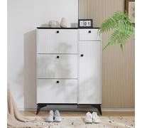 boorbin Zapatero con 3 puertas, 1 cajón y 1 puerta, zapatero estrecho, color blanco. Dimensiones: 121 x 90 x 25 cm