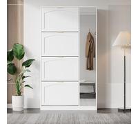 boorbin Zapatero moderno con espejo, 4 compartimentos de almacenamiento plegables, estante ajustable detrás del espejo derecho, ideal para el pasillo, color blanco, tamaño: 80 x 147 x 24 cm