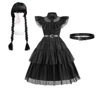 BOOSHMall Wednesday Disfraz para niños, disfraz gótico para niños, juego de vestido negro con peluca, cinturón y calcetines, vestido largo medieval, disfraz para niñas, carnaval, cosplay, fiesta de