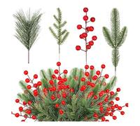Booso 100 Piezas de Ramas de Agujas de Pino Artificiales y Tallos de Frutos Rojos Artificiales, PúAs de Pino Artificiales, Frutos Rojos NavideñOs