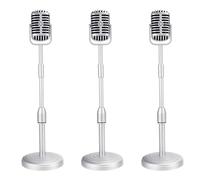 Booso Modelo de micrófono de escritorio 3X con altura ajustable, soporte de micrófono de estilo retro clásico, accesorio de micrófono falso, color plateado