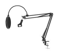 Booso Soporte de micrófono de escritorio con brazo de tijera con tornillo de 3/8-5/8, montaje de choque, filtro, clip, bridas para cables