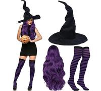 Booson 3Pcs Halloween Witch Costumes Set Black Pointed Witch Hat Dark Purple Cosplay Wig and Nylon Striped Stockings for Women Girl Halloween Cosplay Party Costume Accessory