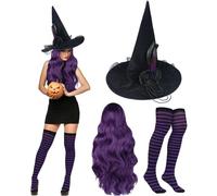Booson Juego de 3 disfraces de bruja de Halloween con sombrero de bruja puntiagudo negro, peluca de cosplay morado oscuro y medias de nailon a rayas para mujeres y niñas, accesorio de disfraz de