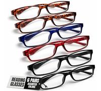 Boost Eyewear 6 Pack Reading Glasses, Traditional Frames in Black, Tortoise Shell, Blue and Red, for Men and Women, with Comfort Spring Loaded Hinges, Assorted Colors, 6 Pairs (3.25, 9, 2, 0, 0, 6)