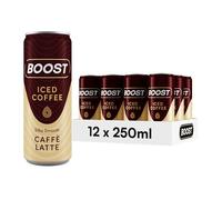 Boost Iced Coffee Caffe Latte, 12 x 250 ml, bebida de café fría lista para beber, el Perfect Cafeine Boost, una mezcla suave y cremosa de cuerpo completo de 100% Arábica y Frijoles Robusta con leche
