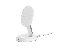 Belkin BoostCharge Pro Cargador Inalámbrico Qi2 compatible con MagSafe, Soporte de Carga Magnético rápido convertible de 15W, para Apple iPhone 17, Air, Pixelsnap, AirPods, Adaptador de 20W - Blanco