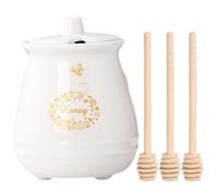Bootoow Olla clásica de cerámica blanca de 300 ml x 3, 9 x 9 x 12 cm, con tapa y cuchara de miel, para cocina y sala de estar, almacenamiento de miel y jarabe