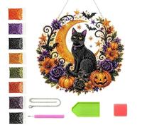 BOPIES Halloween 3D Pearl Mosaic Craft Set, Witch Cat Diamond Painting Wreath With Hanging Chain Autumn Gem Art For Wall Door Window Decor Fall Thanksgiving Gift(9.84 In × 9.84 In)(A)