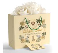 BOPLYBAY Wild One - Juego de bolsas de regalo de primer cumpleaños con 5 hojas de papel de seda y tarjeta de felicitación, recuerdos de fiesta de primer cumpleaños con temática de safari y selva para