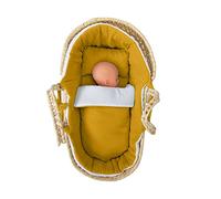 Borda y más Capazo de Mimbre para Muñecas + Vestidura - Moises de Mimbre para muñecas - Inclue: Colcha, Almohada, cubrecapazo y colchón - Bambula - Handmade - Nenel - (Muñeco NO Incluido) (Mostaza)