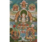 Bordado de Seda Budismo Thangka Tibetano 4 Brazos Guanyin Kwan-Yin Tangka Yoga Tapiz Budista Colgante de Pared Arte de la Pared Decoración del hogar Tapiz
