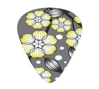Borde nevado con flores de estrella grises y amarillas,12 púas de guitarra, 3 grosores diferentes para guitarra acústica, bajo y ukelele