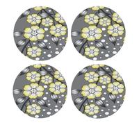 Borde nevado con Flores de Estrella Grises y Amarillas,Posavasos Redondos de Corcho MDF, Almohadilla para Tazas, Juego de 4 Posavasos para Bebidas