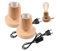 BORDEAG 2 lámparas pequeñas de mesa de madera, lámpara de noche, base de madera, lámpara decorativa de mesa con casquillo E27, enchufe UE E27 con interruptor, para dormitorio, salón, oficina (sin