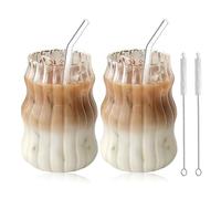 BORDEAG 2pcs Vasos De Agua Ondulados, Tazas De Café Tazas De Espresso Vidrio Vasos De Bebida Con 2 Pajas, 2 Cepillo De Paja, Para Café Té Cappuccino Con Leche Cerveza Expresso 530ml