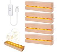 BORDEAG Base de Exhibición de Luces LED, 4 Piezas Base de Madera con Luz Led, Base de Madera Rectangular con USB para Placa Acrílica, Placa de Cristal, 15 cm de Largo, Blanco Cálido
