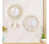 BORDEAG Espejos decorativos de pared con flecos tejidos, 2 piezas, bohemio, redondo, macramé, para sala de estar, dormitorio, 2l x 1an cm, sin marco, marfil, montaje en pared
