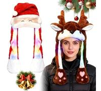 BORDEAG Gorro de Navidad de peluche, 2 unidades, gorro de Papá Noel con luminoso, con orejas movibles para mujer, niña, niños, regalo de fiesta, Navidad (Papá Noel + alce)