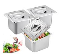 BORDEAG - Juego de 3 recipientes GN 1/6 de acero inoxidable con tapa - Altura 10 cm - Recipiente gourmet para conservación de alimentos, cocción al vapor o como inserto en un chafing dish
