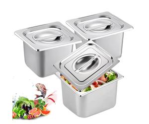 BORDEAG - Juego de 3 recipientes GN 1/6 de acero inoxidable con tapa - Altura 10 cm - Recipiente gourmet para conservación de alimentos, cocción al vapor o como inserto en un chafing dish