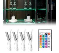 BORDEAG Juego de 4 luces LED para suelo de cristal, iluminación de vitrinas, iluminación para armarios de cocina, iluminación LED con cambio de color remoto RGB, para cocina, vitrina, armario