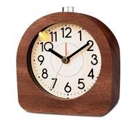 BORDEAG Reloj despertador analógico de madera, despertador analógico sin toque, despertador digital, mesita de noche, reloj de mesa con luz de noche, despertador analógico de madera, con pilas, para