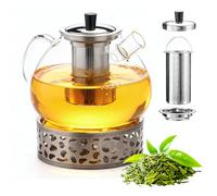 BORDEAG Tetera con calientaplatos - Tetera de 1500 ml con colador, tetera de cristal, tetera de cristal, tetera, té, té, té, tetera para té suelto, té de fruta, té perfumado