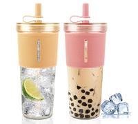 BORDEAG Vaso de 710 ml con tapa y pajita, vasos de plástico aislados de doble pared, vasos reutilizables, para batidos, té de burbujas, café helado, 2 unidades