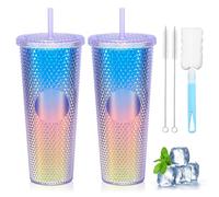 BORDEAG Vaso Mate Completamente Tachonado 710 ml, 2 Pcs Vaso Plastico con Tapa y Popote, Vaso de Plástico Reutilizable, Vaso de Agua de Gran Capacidad con Cepillo de Taza, per Café, Jugo