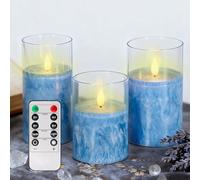 BORDEAG Velas LED Sin Llama,3 Piezas Juego De Velas Eléctricas Con Control Remoto,Velas LED Parpadeantes,Velas Parpadeantes De Cera Real Para Decoración Y Relajación(Azul)