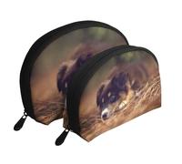 Border Collie Cachorro Bokeh Border Collie Marrón, Bolsa de Maquillaje de Concha, Monedero pequeño para Mujer, Bolsa de artículos de tocador, Bolsa de cosméticos, 2 Piezas