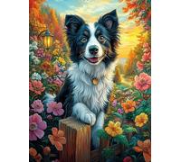 Border Collie en las flores Puzzles 1000 Piezas Moderno Minimalista Pintura al óleo fantástica de animales salvajes Rompecabezas Familiar Para Adultos 3D Maquetas Construir Aliviar Estrés Decorativo 1
