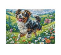 Border Collie in Flower Field Puzzles 300 Piezas Estera Portátil Rompecabezas para Adultos Desafío Intelectual Aliviar Estrés Decoración Hogar 3D 300 PCS