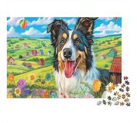 Border Collie in Flower Field with Village Puzzle 1000 Piezas Mascotas Rompecabezas - Adultos, Desafiante, Regalo, Juego Familiar, Decoración del Hogar 52x38cm/1000pcs