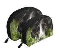 Border Collie Mascotas Hierba Border Collie Negro, Bolsa de Maquillaje de Concha, Monedero pequeño para Mujer, Bolsa de artículos de tocador, Bolsa de cosméticos, 2 Piezas