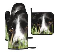 Border Collie Mascotas Hierba Border Collie Negro, Guantes de Cocina Resistentes al Calor, Manoplas de Horno y Agarraderas (3 Piezas)