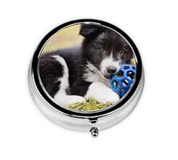 Border Collie Perros Cachorro Mascotas Borde Negro, Pastillero, Pastillero redondo Pequeño contenedor de pastillas Organizador de pastillas de viaje