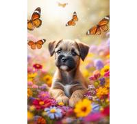 Border Terrier Puppy in a field of colorful flowers Notebook - Large 6 x 9 inches - 127 Pages