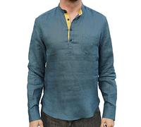 Borges & Scott - Camisa 100% Lino irlandés Grandad Henley - Manga Larga, Teal, L